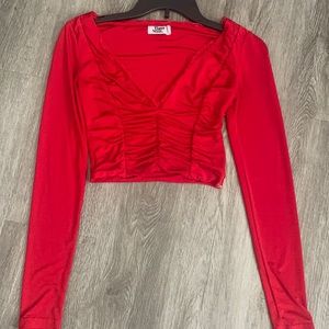 Red Tigermist v neck long sleeve crop top with zipper on the side